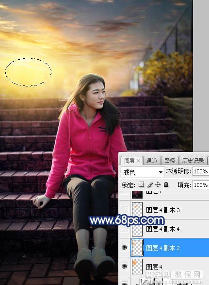 Photoshop调制出给漂亮的霞光古建筑边人物图片36