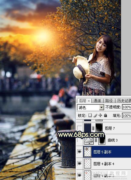 Photoshop调制出暗调蓝黄色霞光码头边的人物图片46