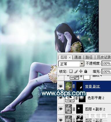 Photoshop为水景人物图片打造梦幻的暗青色效果28