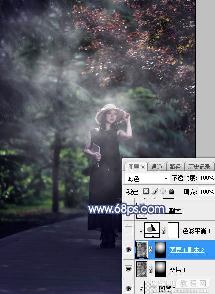 Photoshop将树林人物图片打造魔幻的蓝紫色特效19