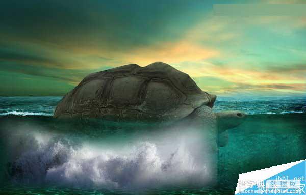 Photoshop合成海洋巨龟驮着岛在水上漂浮的效果图36