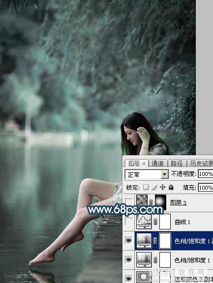 Photoshop调出梦幻唯美的暗调青蓝色河边人物图片15
