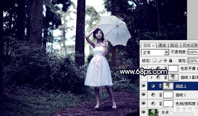 Photoshop调制出霞光中的树林人物图片16