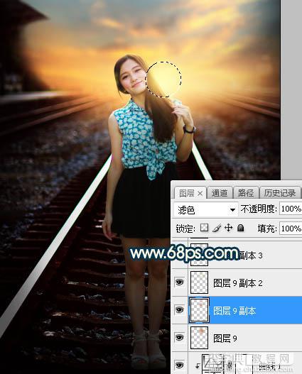 Photoshop调制出暗黄色霞光效果铁轨中间的人物图片30