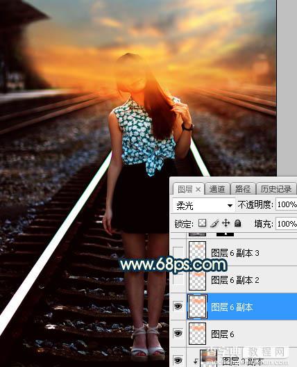 Photoshop调制出暗黄色霞光效果铁轨中间的人物图片14