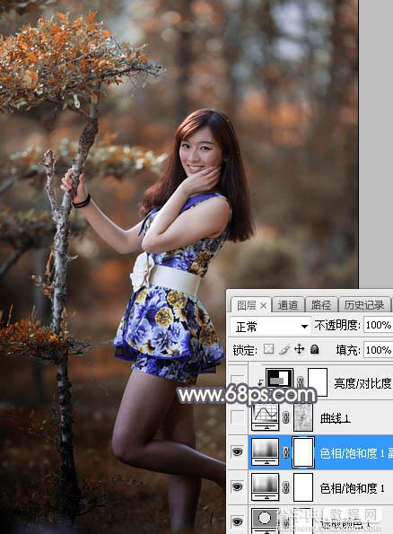 Photoshop将树林人物图片打造出深秋暗红色效果12