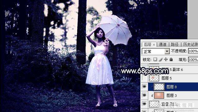 Photoshop调制出霞光中的树林人物图片31