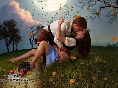 photoshop合成制作出朦胧月光下在草地情侣亲吻场景15
