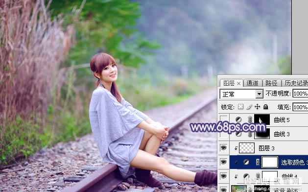 Photoshop将铁轨人物图片打造清爽的淡调蓝绿色效果33