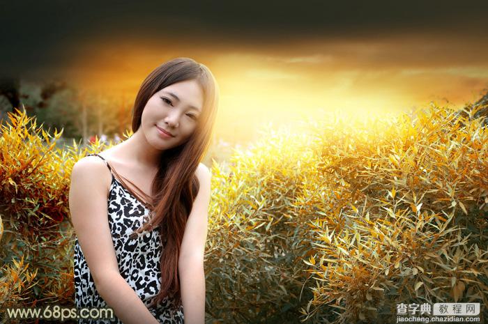 Photoshop将绿竹边的人物图片调出唯美的秋季霞光色2