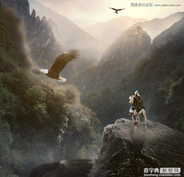 Photoshop合成骑着白马的骑士在山谷中瞭望远方97