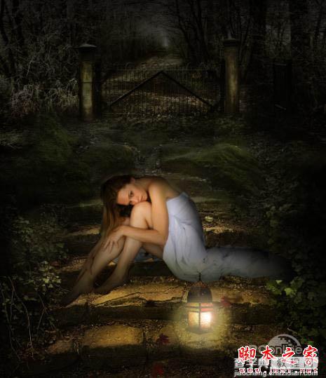 photoshop合成制作黑夜坐在石阶上提灯静坐的美女27