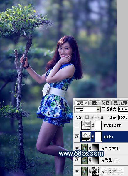Photoshop调制出梦幻的暗调蓝青色树林人物图片7