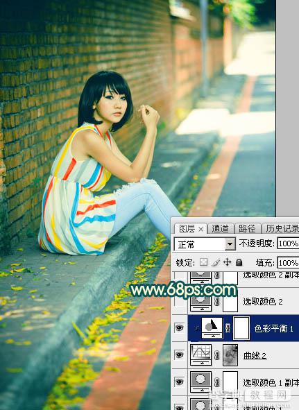 Photoshop调制出甜美的青红色围墙边的人物图片19