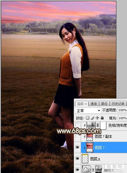 Photoshop调制出暗暖色霞光草坪上人物图片24