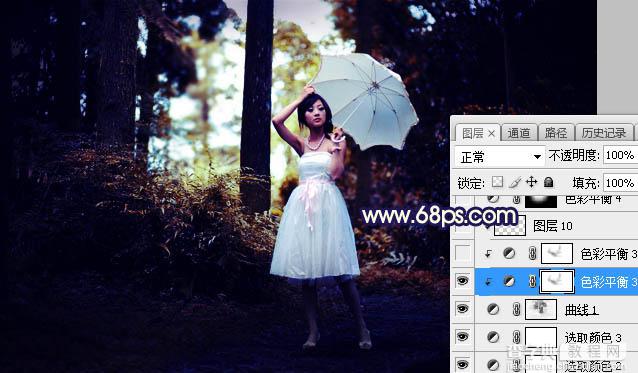 Photoshop调制出黄蓝色逆光森林中的人物图片15