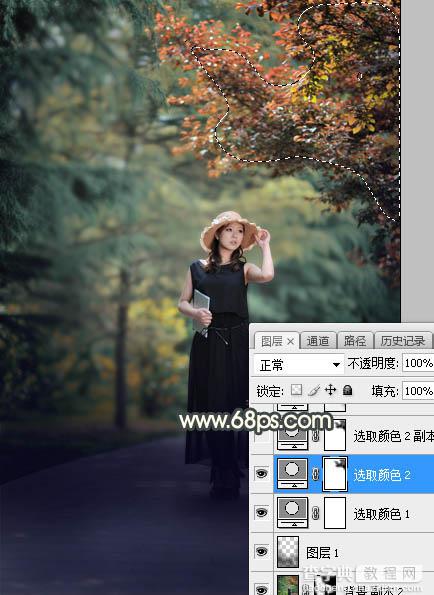 Photoshop将树林人物图片打造唯美的秋季暗调黄蓝色9