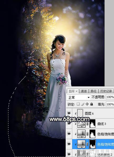 Photoshop调制出秋季暗蓝色逆光效果树边人物图片27