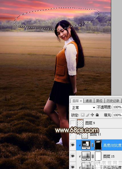 Photoshop调制出暗暖色霞光草坪上人物图片31