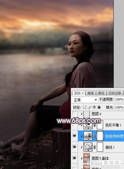 Photoshop调制出暗调暖色晨曦湖边人物图片22