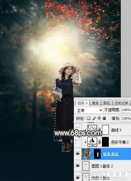 Photoshop将树林人物图片打造唯美的秋季暗调黄蓝色28