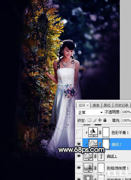 Photoshop调制出秋季暗蓝色逆光效果树边人物图片15