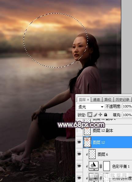 Photoshop调制出暗调暖色晨曦湖边人物图片26