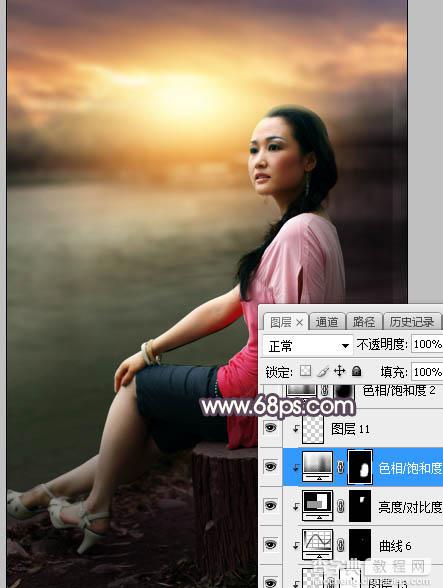 Photoshop调制出暗调暖色晨曦湖边人物图片38