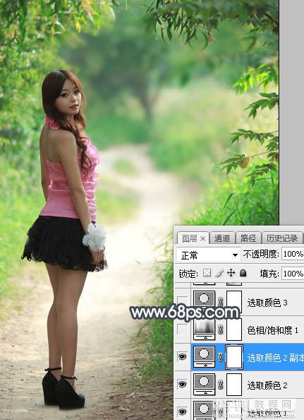 Photoshop将秋季树林人物图片打造出柔美的中性蓝红色8