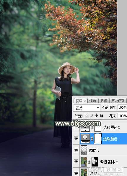 Photoshop将树林人物图片打造唯美的秋季暗调黄蓝色6