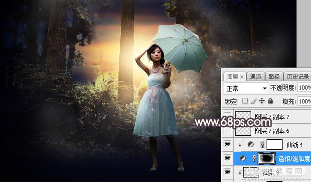 Photoshop调制出唯美的秋季晨曦逆光树林人物图片38