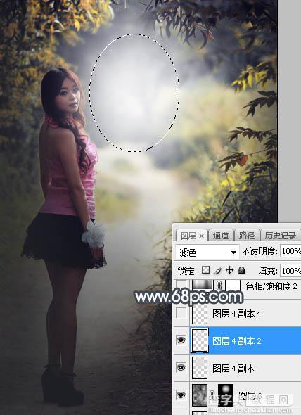 Photoshop将秋季树林人物图片打造出柔美的中性蓝红色23