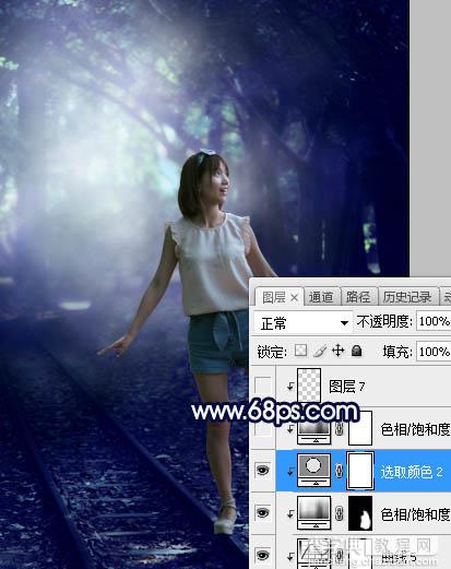 Photoshop将树荫下的人物调制出梦幻的暗蓝色34