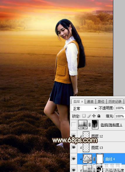 Photoshop调制出暗暖色霞光草坪上人物图片37