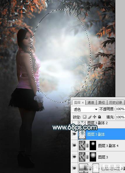 Photoshop调制出深秋暗青色绿树中人物图片34