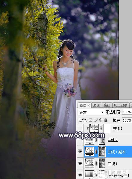 Photoshop将树林婚片打造梦幻的暗调蓝黄色14