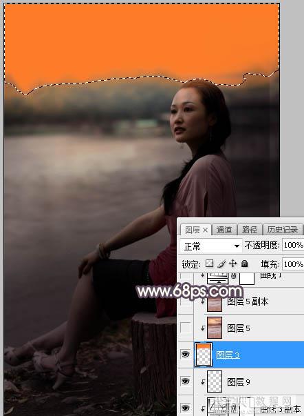 Photoshop调制出暗调暖色晨曦湖边人物图片16