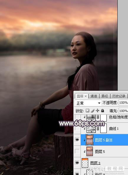 Photoshop调制出暗调暖色晨曦湖边人物图片17