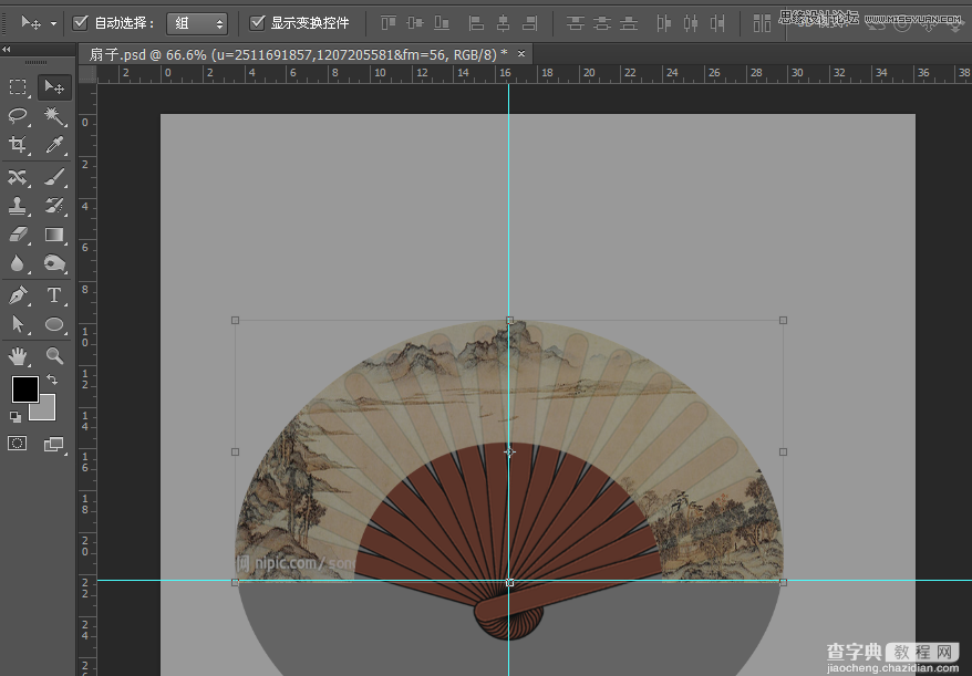 Photoshop绘制逼真的山水香木折扇效果图19