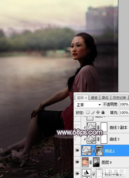 Photoshop调制出暗调暖色晨曦湖边人物图片12