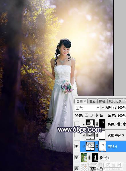 Photoshop将树林婚片打造梦幻的暗调蓝黄色28