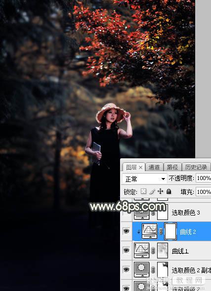 Photoshop将树林人物图片打造唯美的秋季暗调黄蓝色14