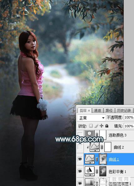 Photoshop调制出深秋暗青色绿树中人物图片18