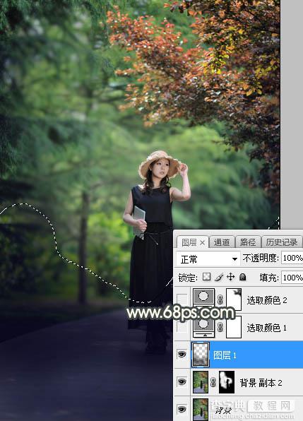 Photoshop将树林人物图片打造唯美的秋季暗调黄蓝色4