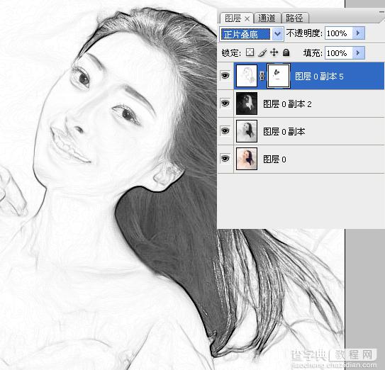 Photoshop制作美女的素描图片特效7