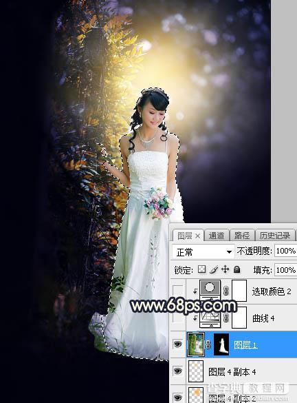 Photoshop调制出秋季暗蓝色逆光效果树边人物图片21