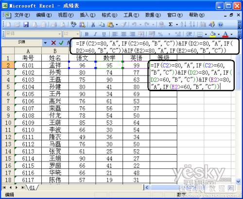 Excel函数帮忙快速完成学生成绩等级评定2