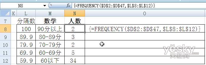 Excel 五个函数统计学生期末考试分数段3