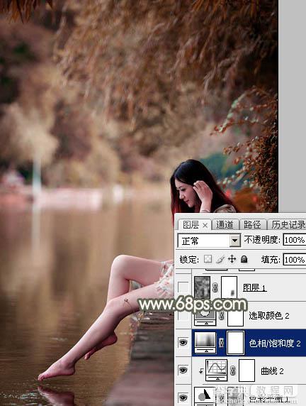 Photoshop为水边美女图片打造甜美的酒红色16