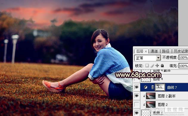 Photoshop调制出暗红霞光色草坪上人物图片28